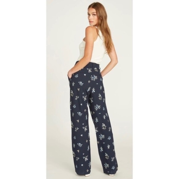 DRIFTWOOD Floral Embroidered Pleated Pants Navy Pinstripe Wide Leg Medium/Large - Picture 3 of 7